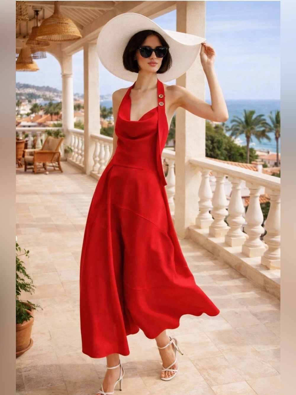 ZARA LINEN BLEND HALTER MIDI DRESS